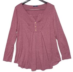 Simier Fariry Women's XL Burgundy Smocked Henley Boho Long Sleeve Cozy Tunic Top